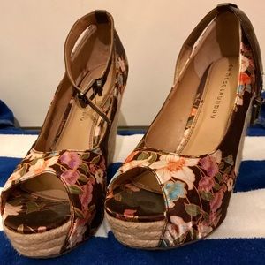 Chinese Laundry brown and floral open toe wedges